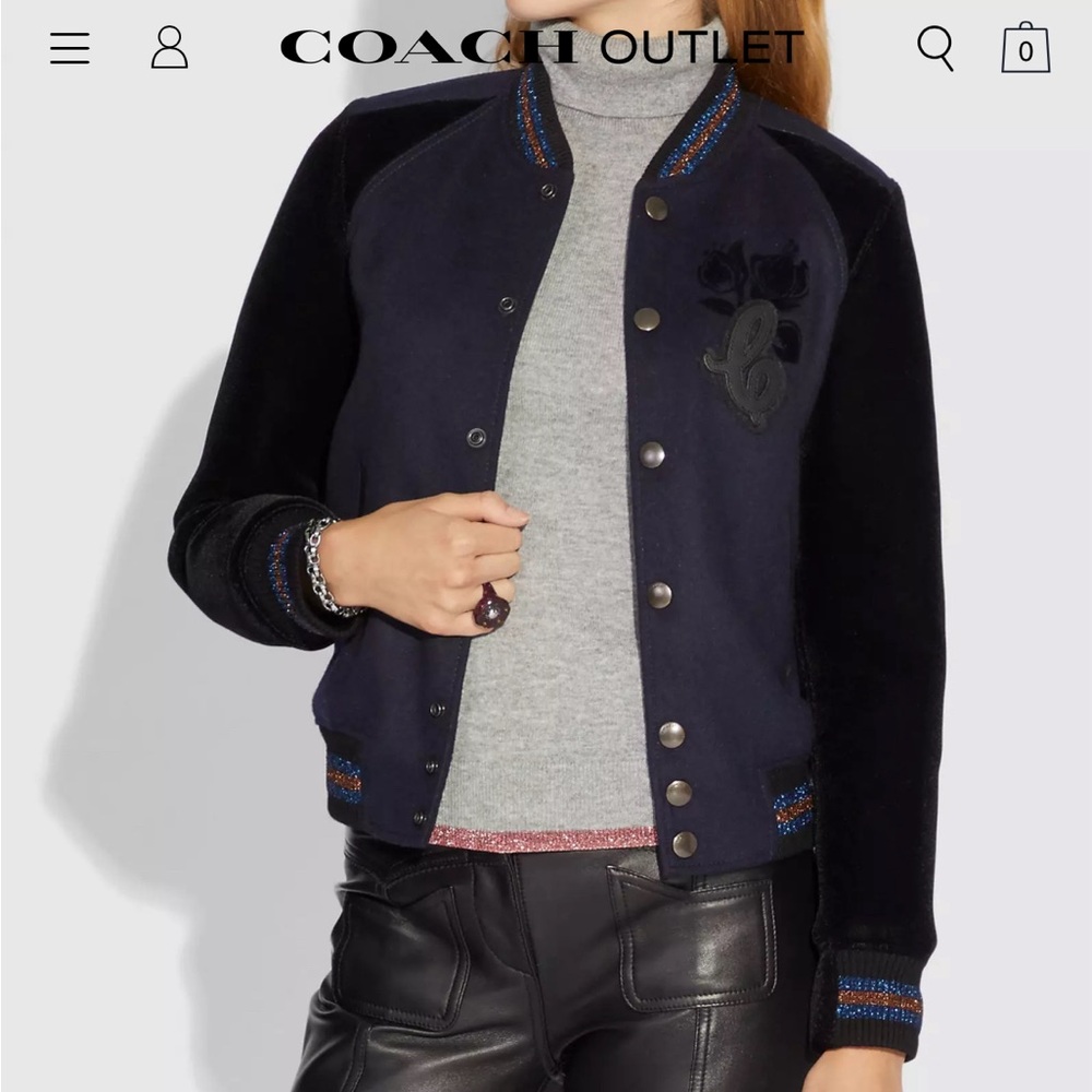 Rare Coach Varsity Jacket Black & Navy Rose, Wool size 2 XS/S